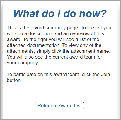 This is a picture of the What Do I Do Now section on the Award page in the FedConnect product.
